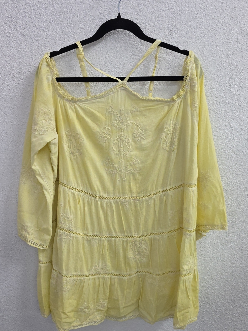 Roaman's Embroidered Cold Shoulder Halter Peasant Tunic Yellow 18W Cotton NWOT